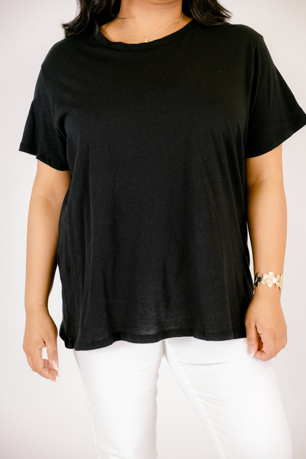 Chic Soul plus size clothing, short-sleeve black tee with a high-scoop-neckline 