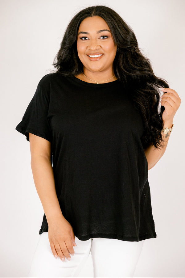 Chic Soul plus size clothing, short-sleeve black tee with a high-scoop-neckline 