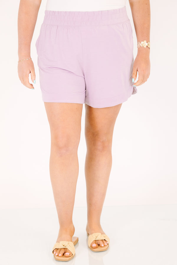 Chic Soul plus size clothing, lavender shorts with a stretchy waistband and front pockets 