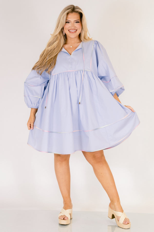 Chic Soul plus size clothing, baby blue dress with half bubble sleeves and single striped tie dye details on the bottom of the dress on the sleeves and along the neckline 
