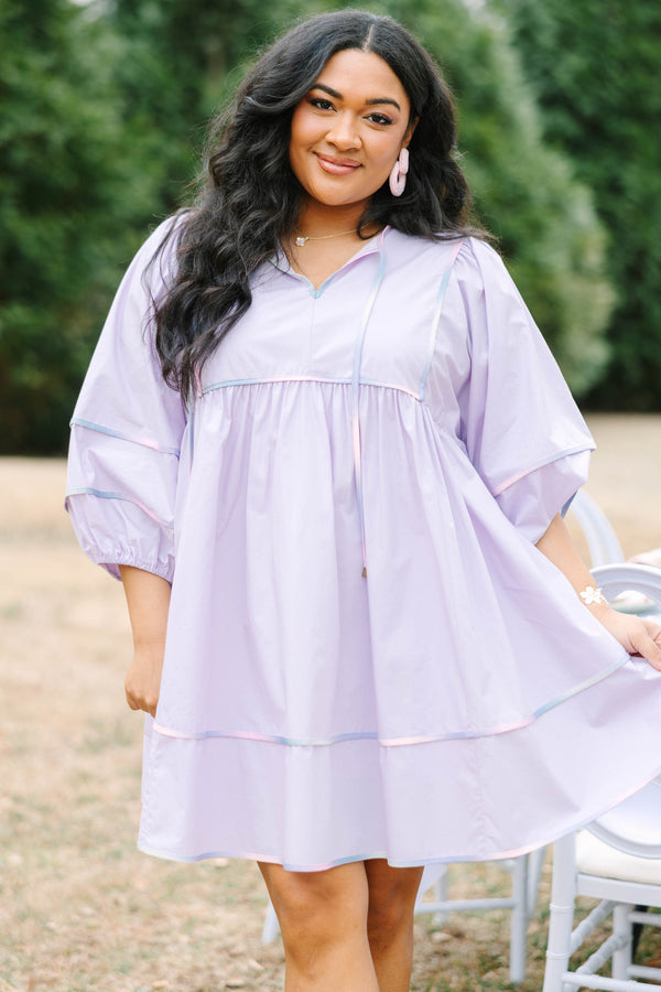 Chic Soul plus size clothing, light purple balloon midi sleeve short dress with pastel tie dye trim along the sleeves, bottom of the dress, empire waistline and drawstrings from the top of the v-neckline