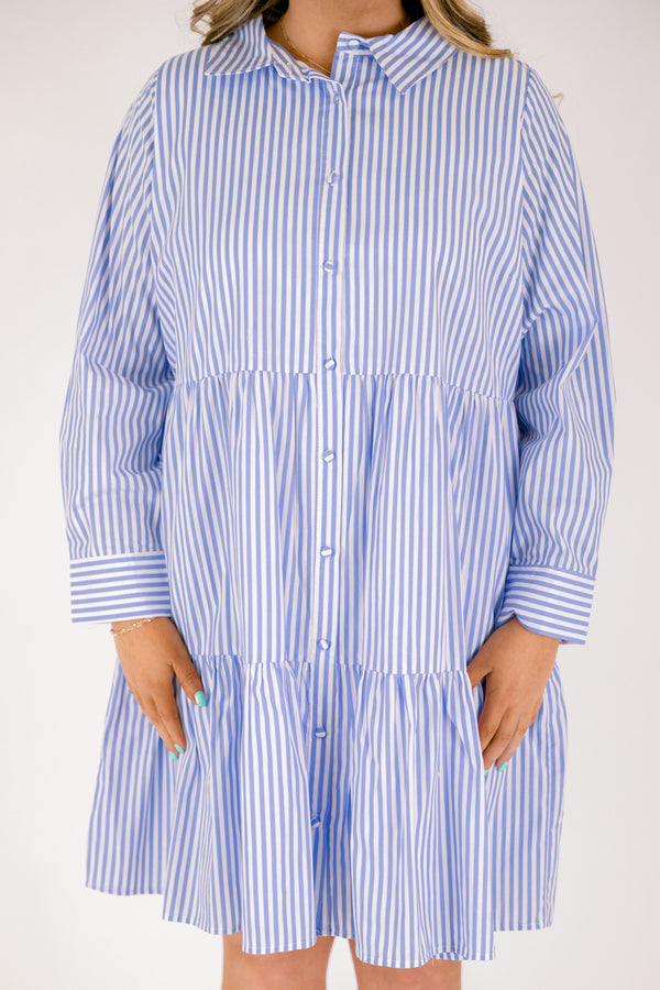 Chic Soul plus size clothing, light blue and white vertical stripe long sleeve tiered button up mini dress with a collar and cuffed sleeves
