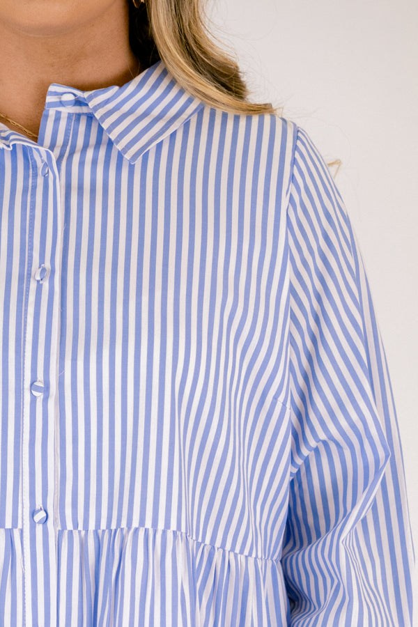 Chic Soul plus size clothing, light blue and white vertical stripe long sleeve tiered button up mini dress with a collar and cuffed sleeves