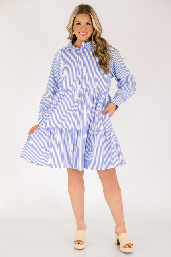 Chic Soul plus size clothing, light blue and white vertical stripe long sleeve tiered button up mini dress with a collar and cuffed sleeves