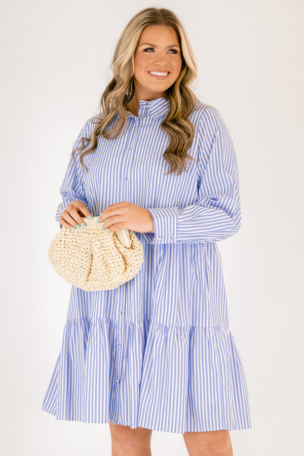Chic Soul plus size clothing, light blue and white vertical stripe long sleeve tiered button up mini dress with a collar and cuffed sleeves