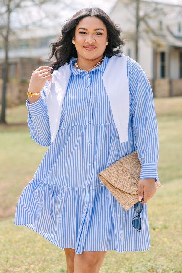 Chic Soul plus size clothing, light blue and white vertical stripe long sleeve tiered button up mini dress with a collar and cuffed sleeves