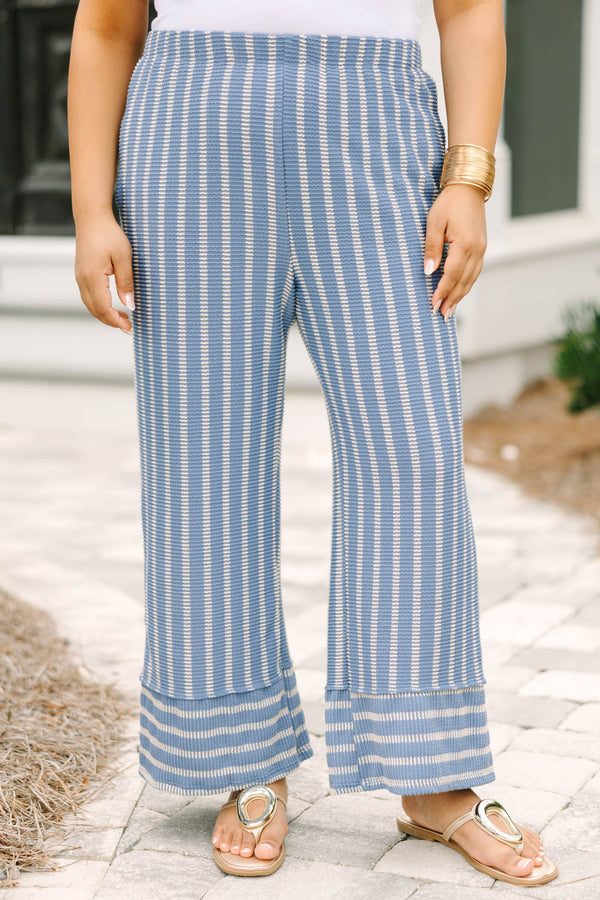 Chic Soul plus size clothing, indigo blue and white vertical stripe stretchy waistband pants with horizonal style stripes at the cuff of the pants
