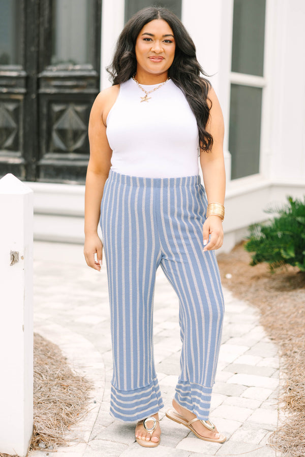 Chic Soul plus size clothing, indigo blue and white vertical stripe stretchy waistband pants with horizonal style stripes at the cuff of the pants