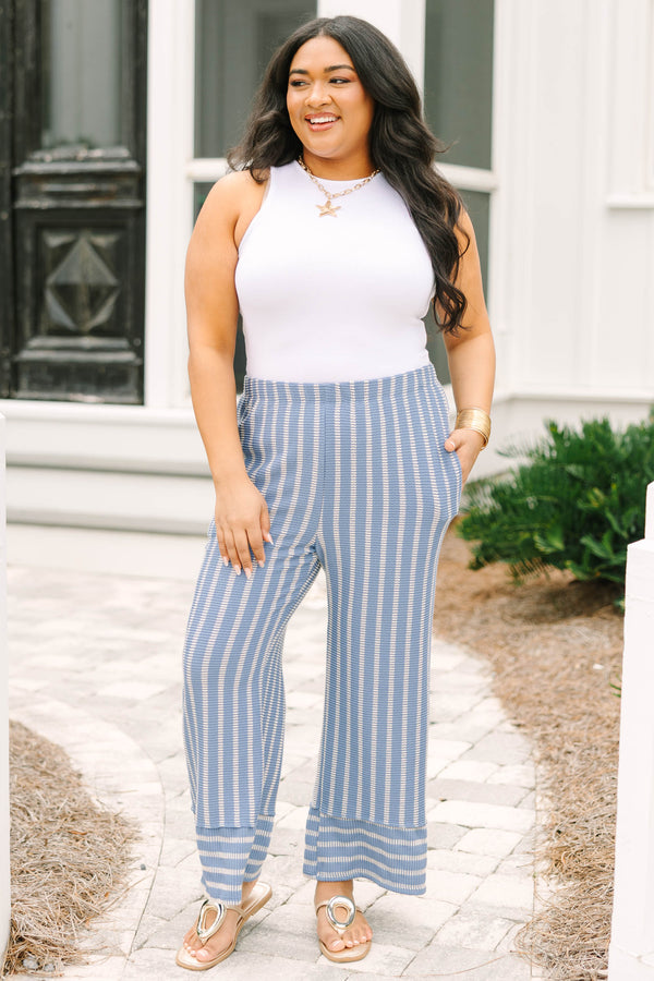 Chic Soul plus size clothing, indigo blue and white vertical stripe stretchy waistband pants with horizonal style stripes at the cuff of the pants