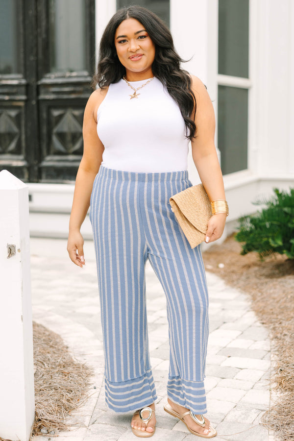 Chic Soul plus size clothing, indigo blue and white vertical stripe stretchy waistband pants with horizonal style stripes at the cuff of the pants