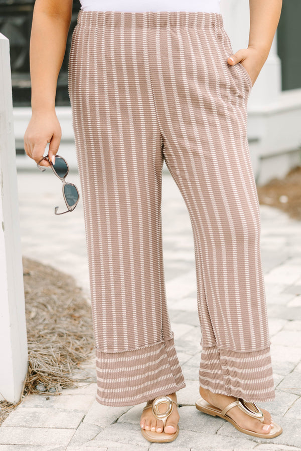 Chic Soul plus size clothing, mocha brown and white vertical stripe flowy pants with stretchy waistband and horizontal mocha brown and white stripe cuffing at the bottom