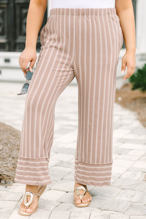 Chic Soul plus size clothing, mocha brown and white vertical stripe flowy pants with stretchy waistband and horizontal mocha brown and white stripe cuffing at the bottom