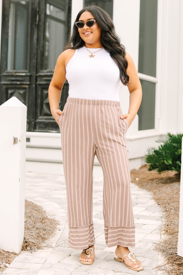 Chic Soul plus size clothing, mocha brown and white vertical stripe flowy pants with stretchy waistband and horizontal mocha brown and white stripe cuffing at the bottom