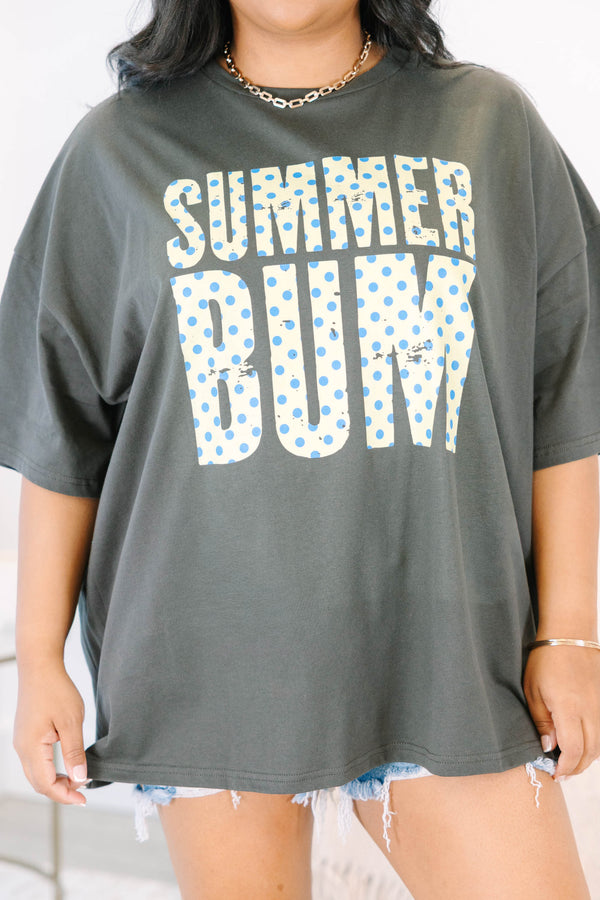 Plus Size oversized smoke grey boyfriend tee with a blue and yellow polka dot Summer Bum graphic.