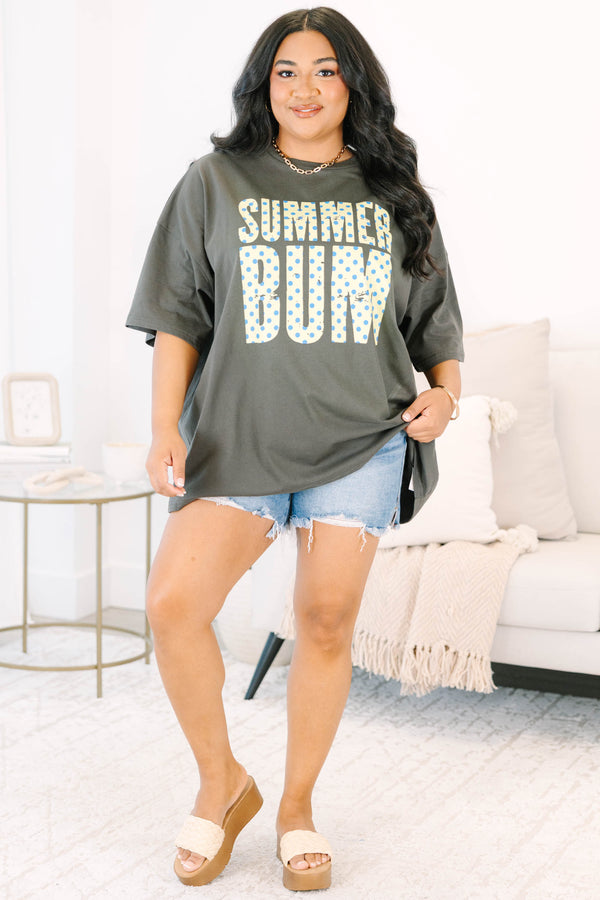 Plus Size oversized smoke grey boyfriend tee with a blue and yellow polka dot Summer Bum graphic.