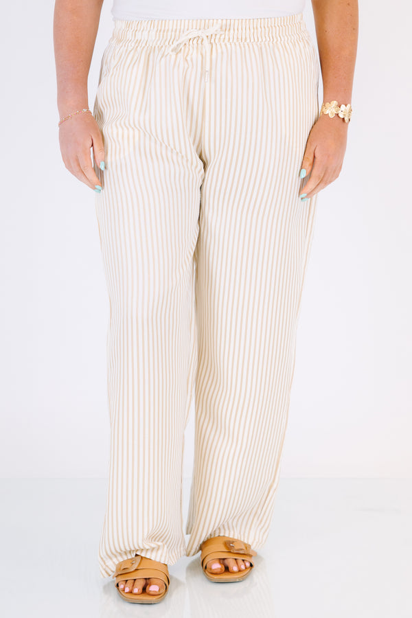 Chic Soul plus size clothing, light tan and cream thin vertical stripe linen pants with elastic waistband and drawstring