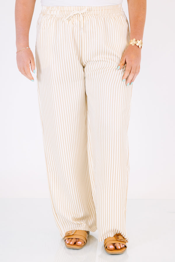 Chic Soul plus size clothing, light tan and cream thin vertical stripe linen pants with elastic waistband and drawstring