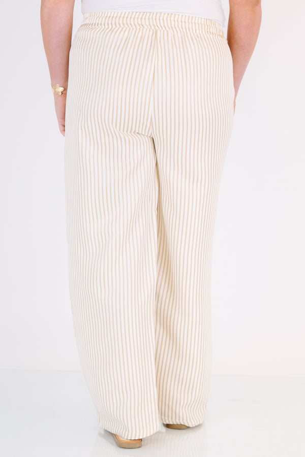 Chic Soul plus size clothing, light tan and cream thin vertical stripe linen pants with elastic waistband and drawstring