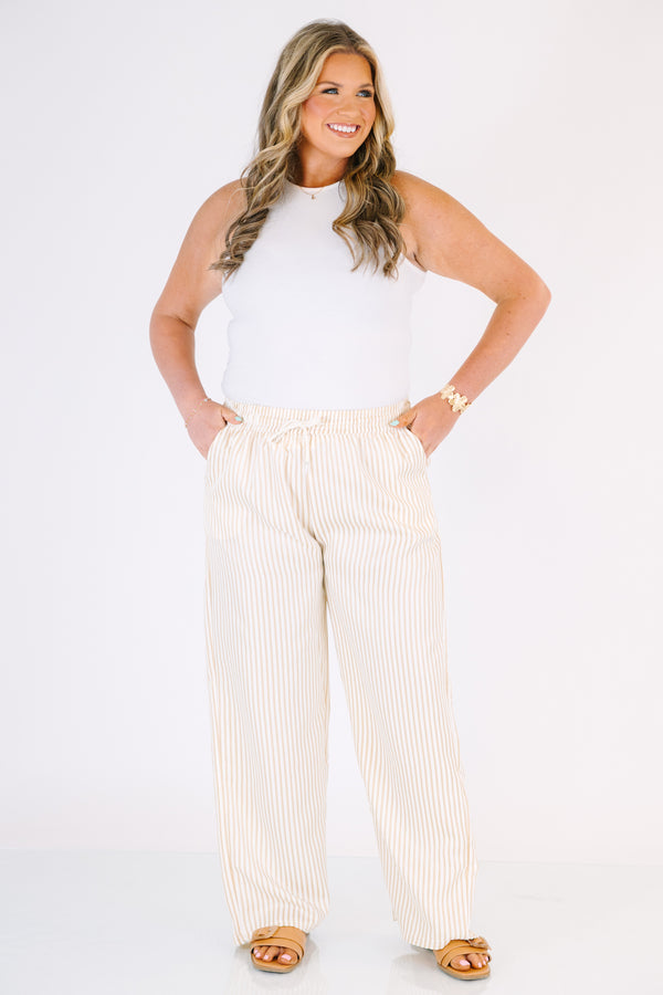 Chic Soul plus size clothing, light tan and cream thin vertical stripe linen pants with elastic waistband and drawstring