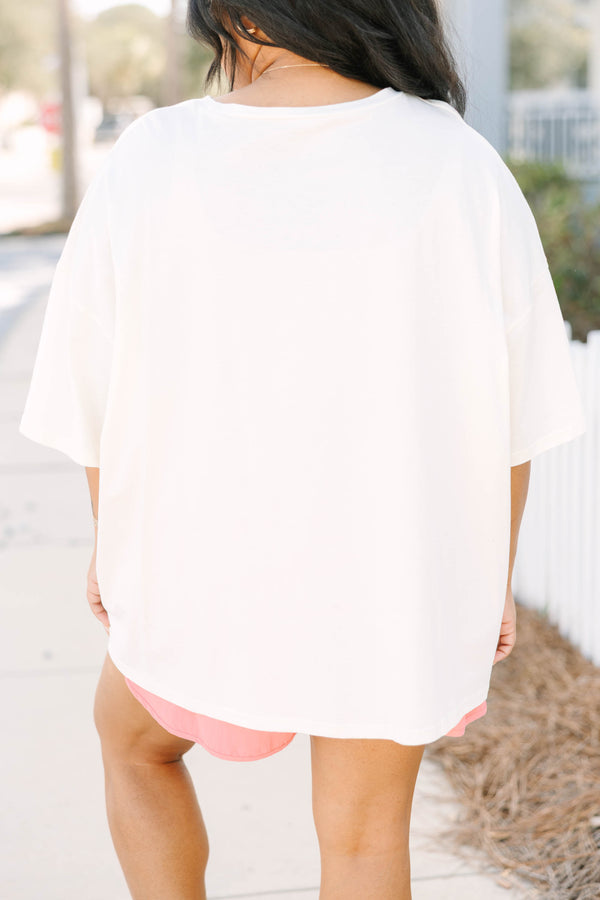 Chic Soul plus size clothing, white oversized tee with palm trees, sunglasses, lobster, martini and other beach icon graphics in a water color style