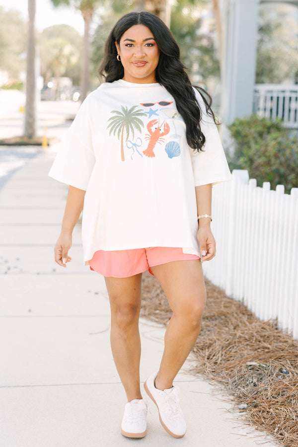 Chic Soul plus size clothing, white oversized tee with palm trees, sunglasses, lobster, martini and other beach icon graphics in a water color style