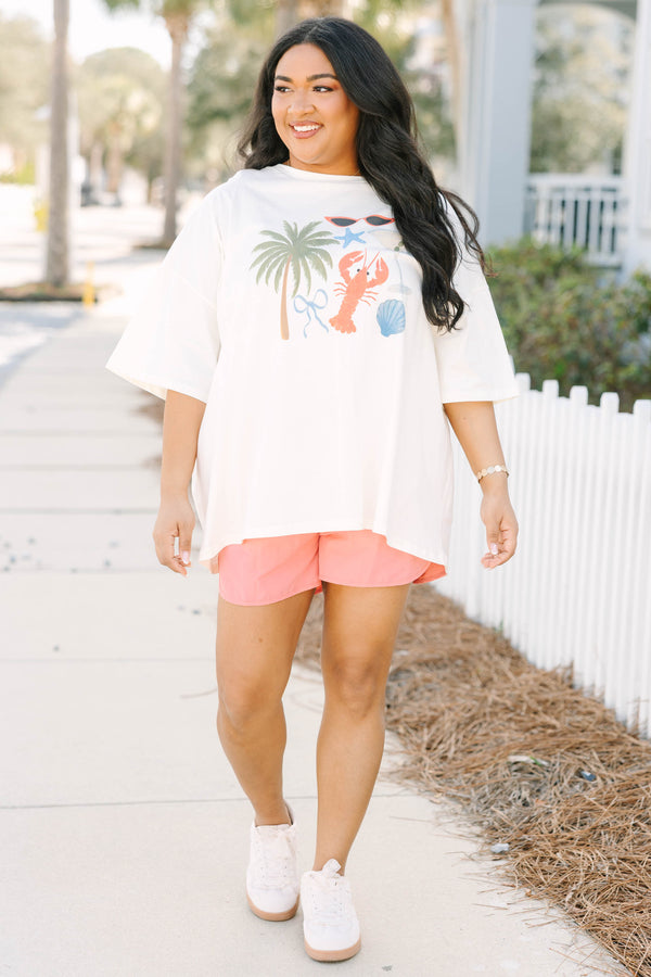 Chic Soul plus size clothing, white oversized tee with palm trees, sunglasses, lobster, martini and other beach icon graphics in a water color style