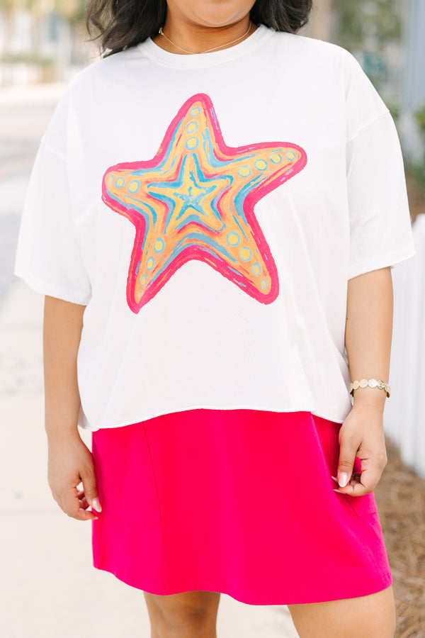 Chic Soul plus size clothing, white short sleeve slightly cropped tee with bright multi colored watercolor style starfish graphic in the center
