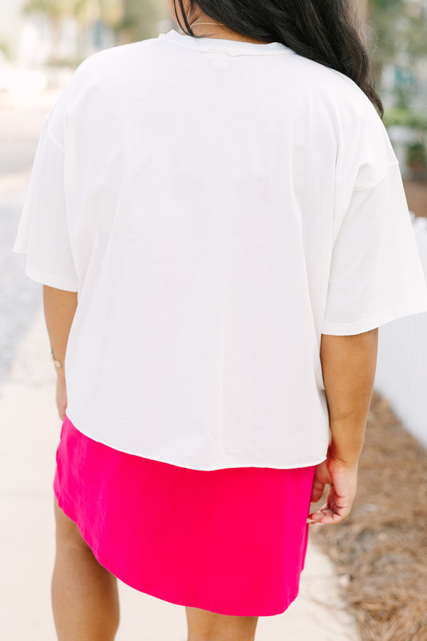 Chic Soul plus size clothing, white short sleeve slightly cropped tee with bright multi colored watercolor style starfish graphic in the center
