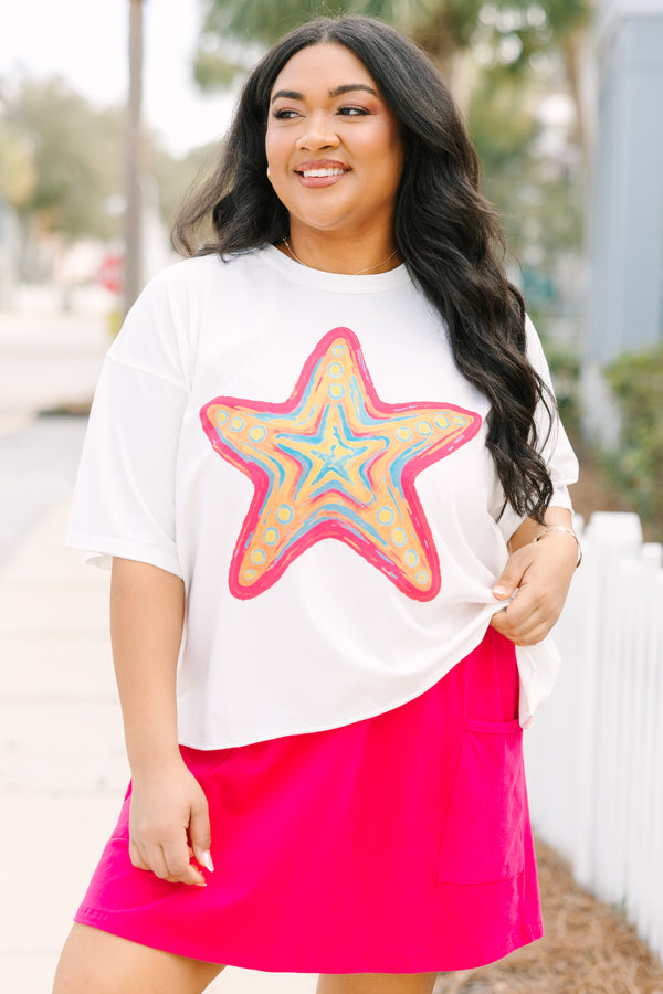 Chic Soul plus size clothing, white short sleeve slightly cropped tee with bright multi colored watercolor style starfish graphic in the center
