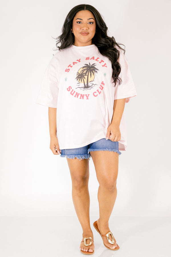 Chic Soul plus size clothing, cream pink short sleeve graphic tee with the a palm tree and sun graphic on the center of the short in a circle shape with the two sayings 