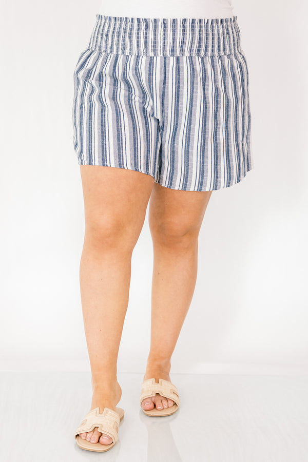 Chic Soul plus size clothing, blue and grey pinstripe linen shorts with an elastic waistband
