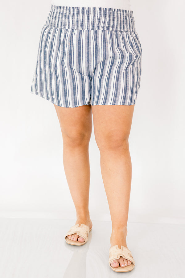 Chic Soul plus size clothing, blue and grey pinstripe linen shorts with an elastic waistband
