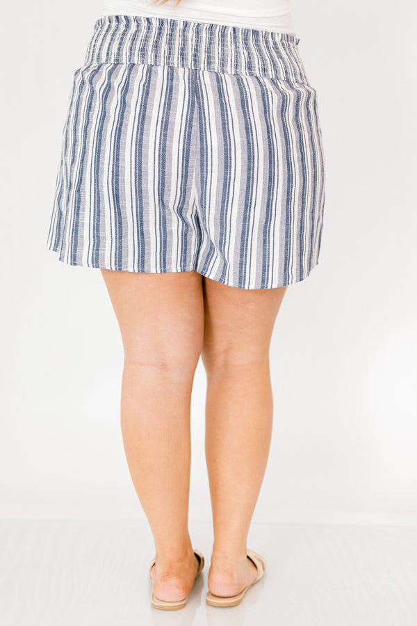 Chic Soul plus size clothing, blue and grey pinstripe linen shorts with an elastic waistband
