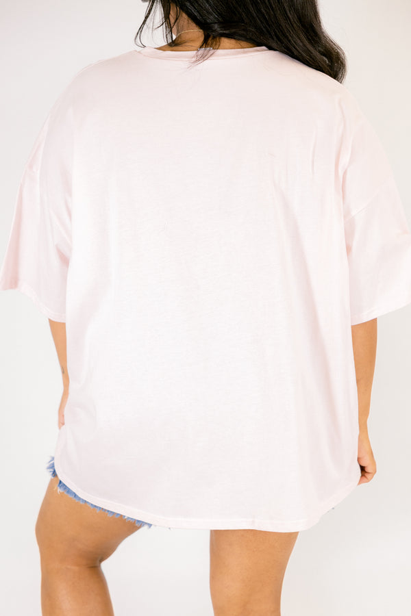 Chic Soul plus size clothing, cream pink short sleeve graphic tee with a mountains graphic on the center of the shirt that has a sunset graphic behind it as well as the saying 