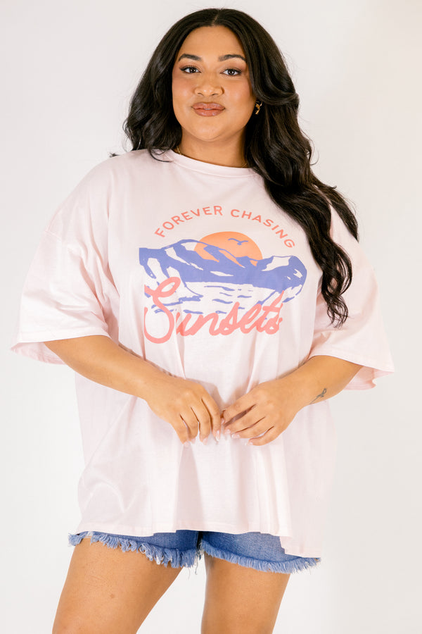Chic Soul plus size clothing, cream pink short sleeve graphic tee with a mountains graphic on the center of the shirt that has a sunset graphic behind it as well as the saying 