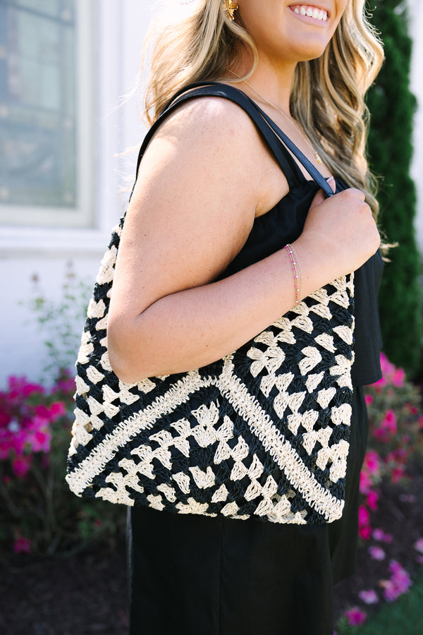 Chic Soul plus size clothing, black and white patterned woven straw handbag 