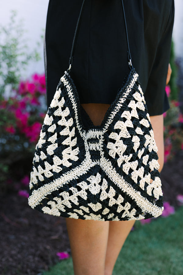 Chic Soul plus size clothing, black and white patterned woven straw handbag 