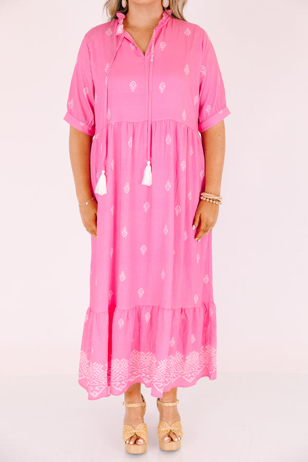 Chic Soul plus size clothing, hot pink maxi dress with short sleeves that have cuffs at the end as well as tassels attached from the neckline and a white block pattern throughout 