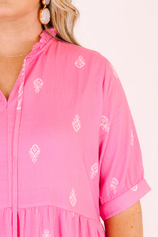 Chic Soul plus size clothing, hot pink maxi dress with short sleeves that have cuffs at the end as well as tassels attached from the neckline and a white block pattern throughout 