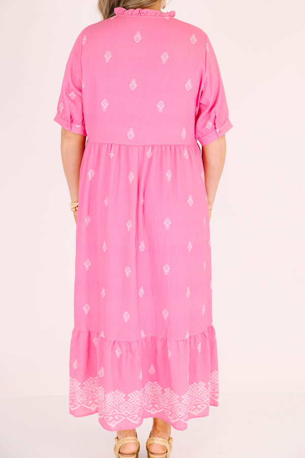 Chic Soul plus size clothing, hot pink maxi dress with short sleeves that have cuffs at the end as well as tassels attached from the neckline and a white block pattern throughout 
