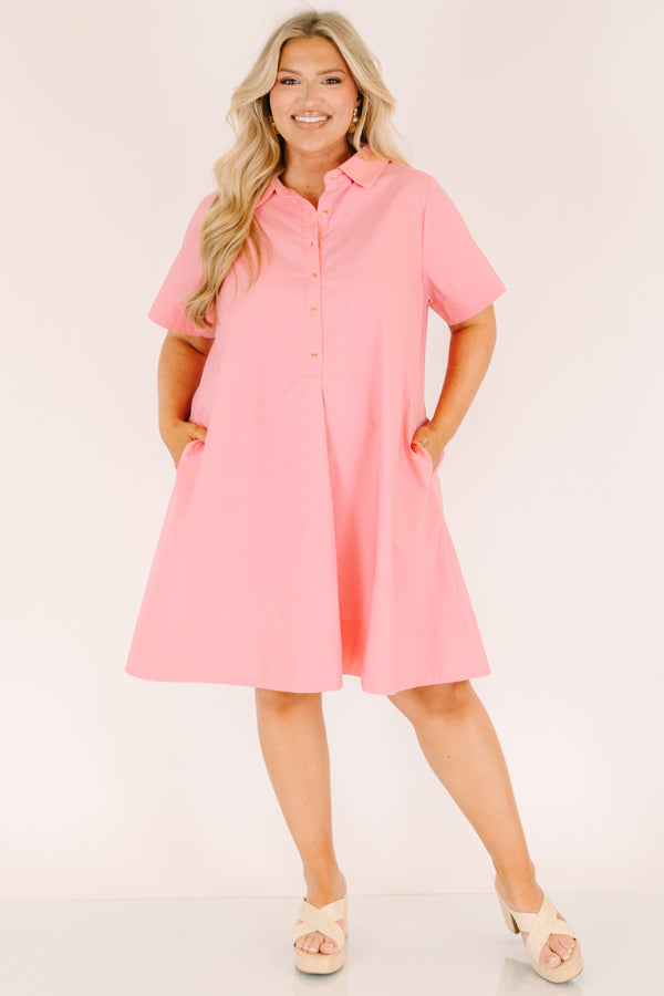 Chic Soul plus size clothing, bright pink short sleeve a-line half button up collared dress