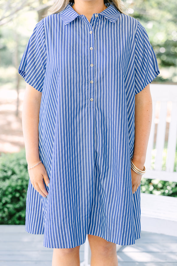 Chic Soul plus size clothing, blue and white striped short sleeve a-line half button up collared dress