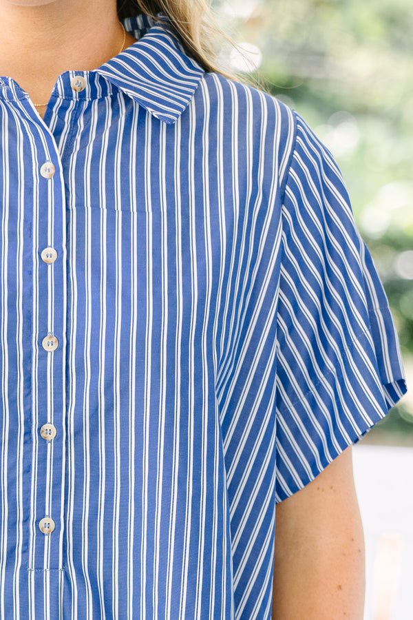 Chic Soul plus size clothing, blue and white striped short sleeve a-line half button up collared dress