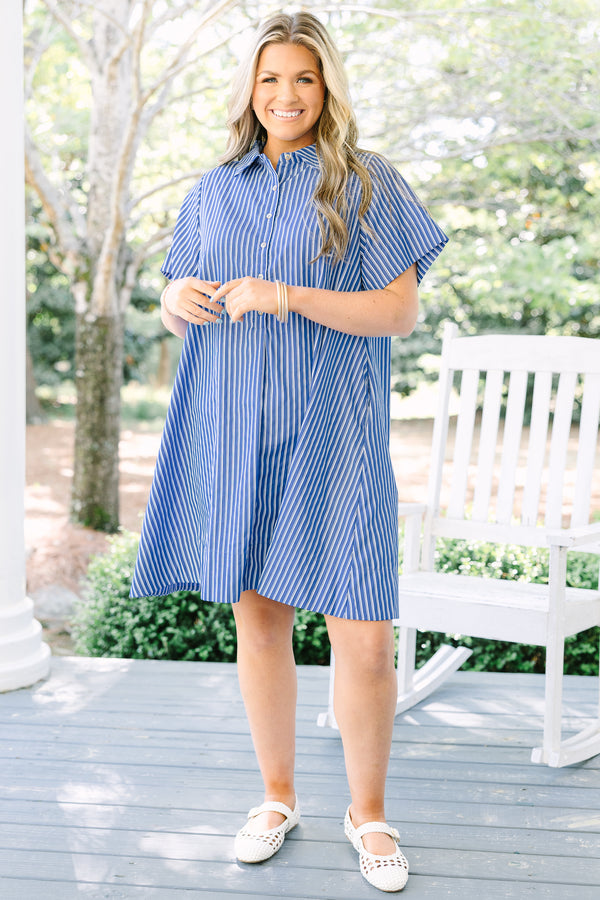 Chic Soul plus size clothing, blue and white striped short sleeve a-line half button up collared dress