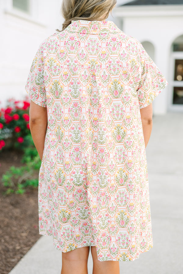 Chic Soul plus size clothing, primarily cream and orange floral print short sleeve collared partial button-up casual dress