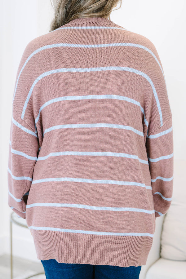 Plus Size brown and light blue horizontal striped knit sweater with a relaxed fit and crew neck.