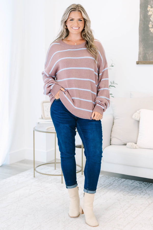 Plus Size brown and light blue horizontal striped knit sweater with a relaxed fit and crew neck.