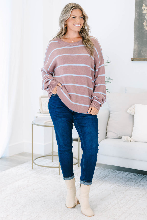 Plus Size brown and light blue horizontal striped knit sweater with a relaxed fit and crew neck.