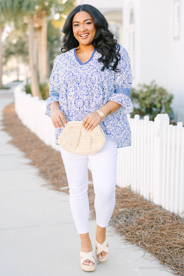 Chic Soul plus size clothing, blue and white paisley abstract pattern midi sleeve top with v-neckline outlined in blue