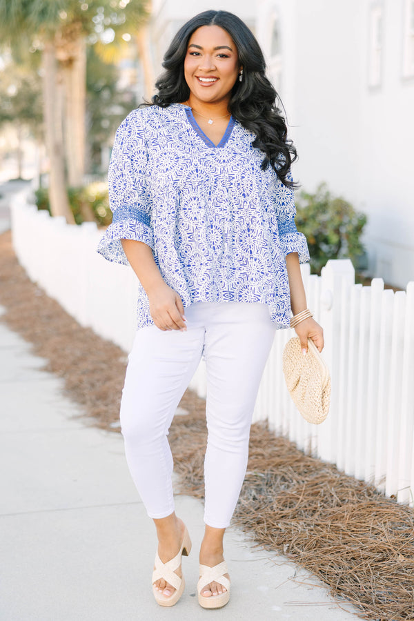 Chic Soul plus size clothing, blue and white paisley abstract pattern midi sleeve top with v-neckline outlined in blue